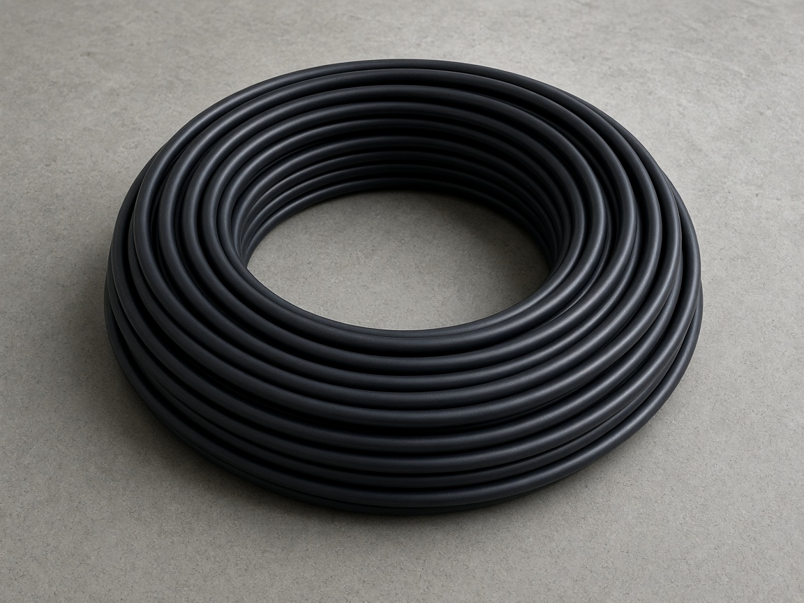 Czarny gruby kabel zwinięty w okrąg na szarym betonie
